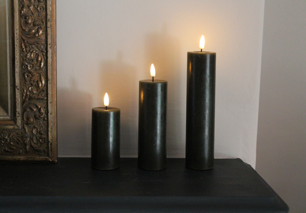 Pillar Candle Set of Three in Dark Green - 12.5cm/15cm/20cm long by 5cm wide