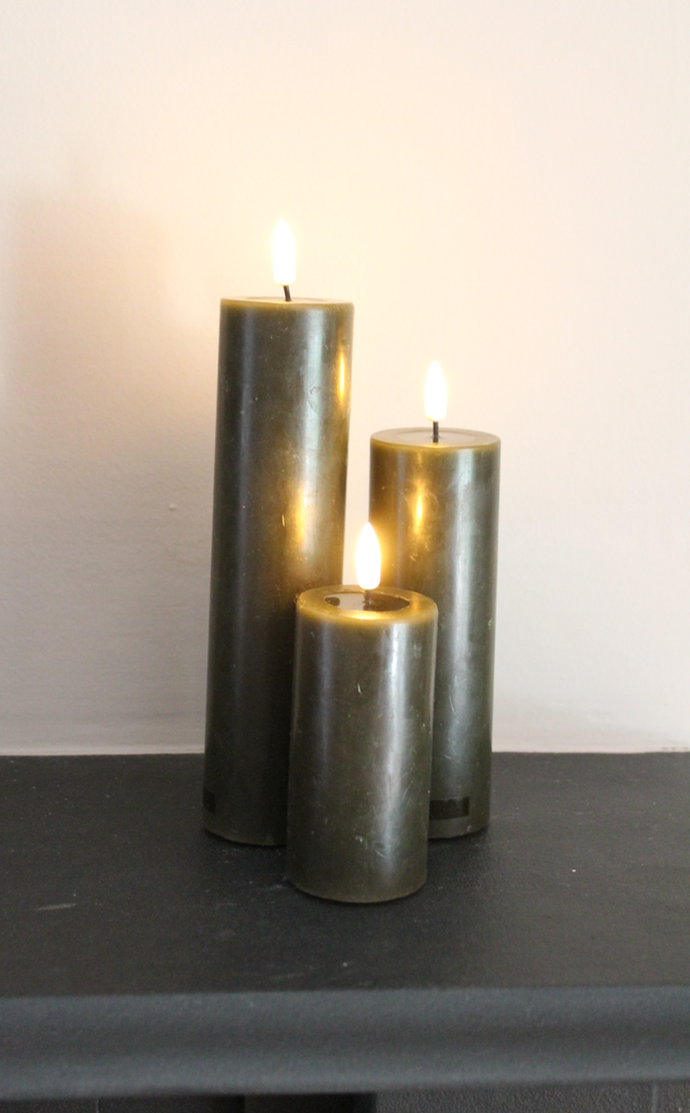 Pillar Candle Set of Three in Dark Green - 12.5cm/15cm/20cm long by 5cm wide