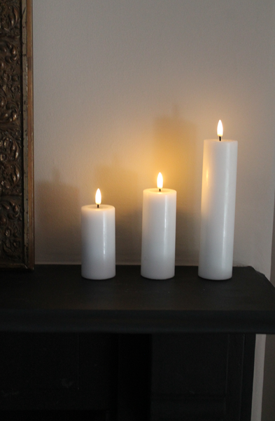 Pillar Candle Set of Three in White - 10cm/12.5cm/20cm long by 5cm wide