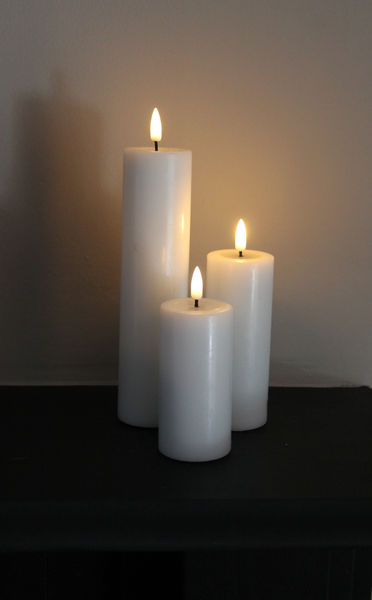 Pillar Candle Set of Three in White - 10cm/12.5cm/20cm long by 5cm wide